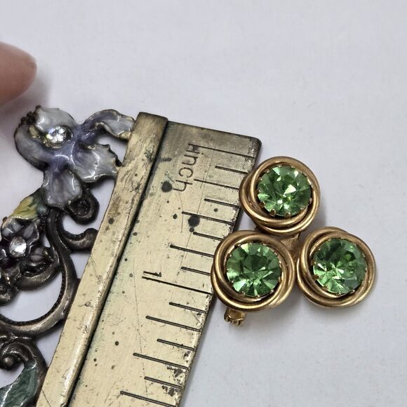 Antique Gold Filled Twist Love Knot Three Greeb Rhinestones C Clasp Brooch Pin - Picture 5 of 5